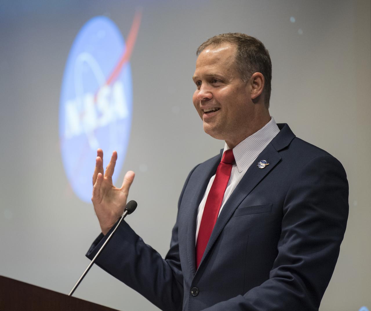NASA Administrator Jim Bridenstine gives keynote remarks at the Challenger Center Annual Conference, Wednesday, August 14, 2019 at the Lockheed Martin Global Vision Center in Arlington, VA. Photo Credit: (NASA/Aubrey Gemignani)