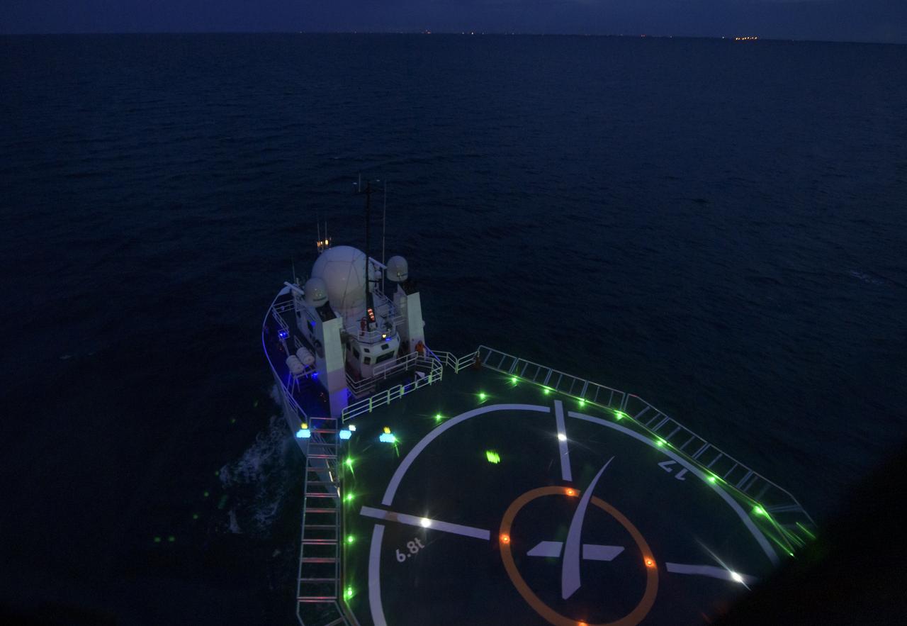 The GO Searcher ship is seen from a helicopter during practice for a medical emergency evacuation, Friday, August 15, 2019 in the Atlantic Ocean off the coast of Cape Canaveral, Florida. Teams from NASA and SpaceX gathered to refine procedures for emergency situations. SpaceX will use the GO Searcher ship during the Demo-2 mission to recover NASA astronauts returning from the International Space Station in their Crew Dragon spacecraft. Photo Credit: (NASA/Bill Ingalls)