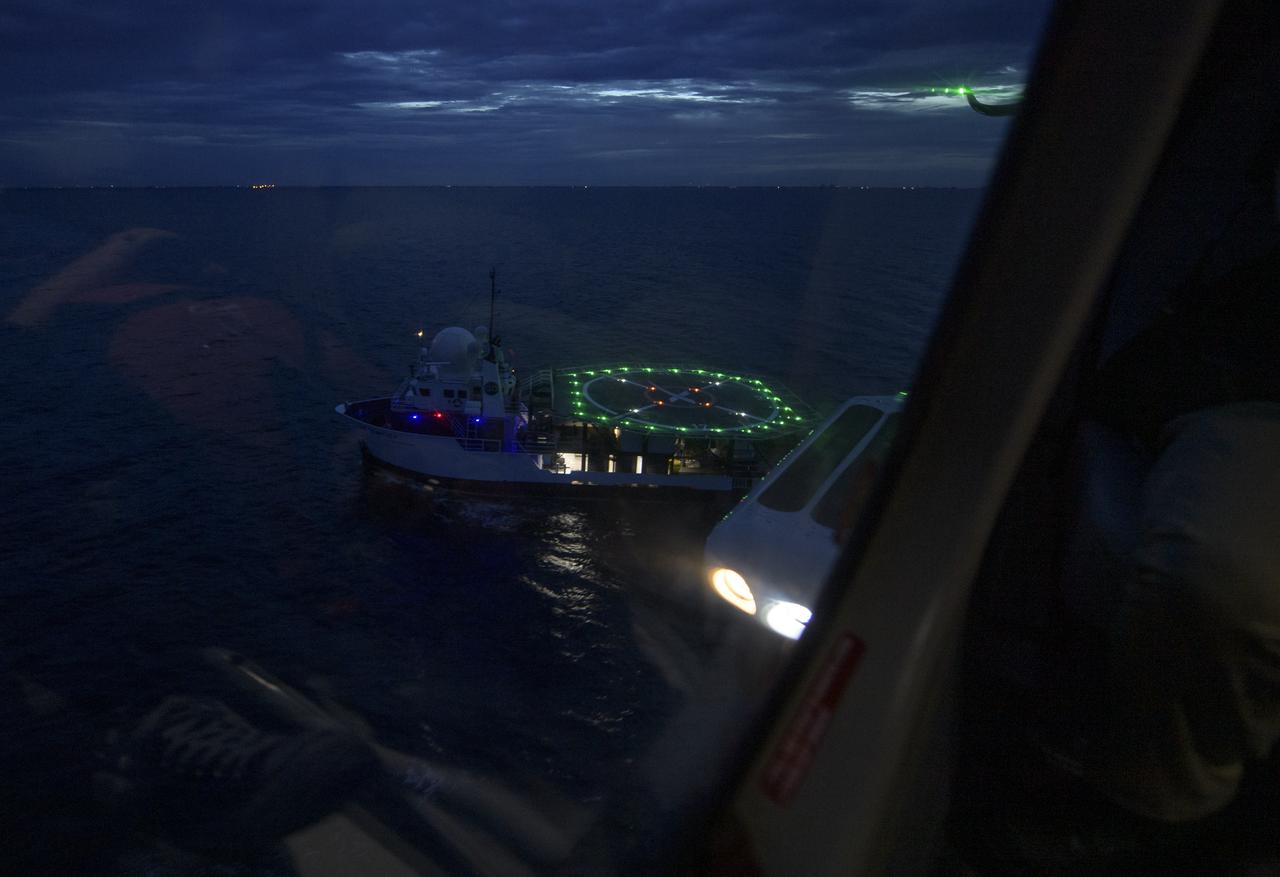 The GO Searcher ship is seen from a helicopter during practice for a medical emergency evacuation, Friday, August 15, 2019 in the Atlantic Ocean off the coast of Cape Canaveral, Florida. Teams from NASA and SpaceX gathered to refine procedures for emergency situations. SpaceX will use the GO Searcher ship during the Demo-2 mission to recover NASA astronauts returning from the International Space Station in their Crew Dragon spacecraft. Photo Credit: (NASA/Bill Ingalls)