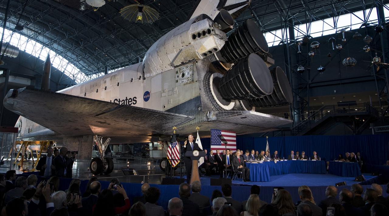 Vice President Mike Pence delivers opening remarks during the sixth meeting of the National Space Council, Tuesday, Aug. 20, 2019 at the Smithsonian National Air and Space Museum's Steven F. Udvar-Hazy Center in Chantilly, Va. Chaired by the Vice President, the council's role is to advise the President regarding national space policy and strategy, and review the nation's long-range goals for space activities. Photo Credit: (NASA/Aubrey Gemignani)