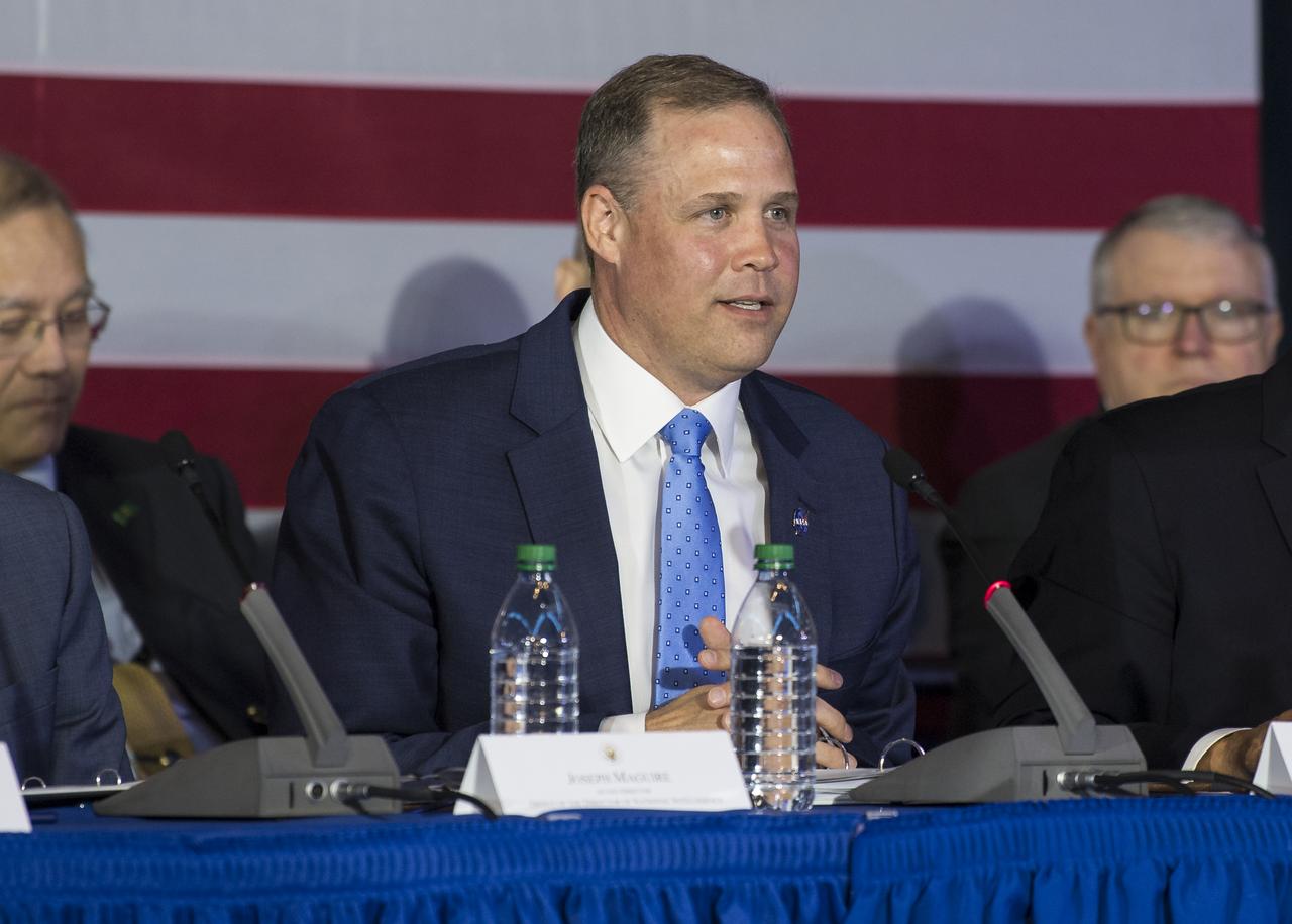 NASA Administrator Jim Bridestine speaks during the sixth meeting of the National Space Council, Tuesday, Aug. 20, 2019 at the Smithsonian National Air and Space Museum's Steven F. Udvar-Hazy Center in Chantilly, Va. Chaired by the Vice President, the council's role is to advise the President regarding national space policy and strategy, and review the nation's long-range goals for space activities. Photo Credit: (NASA/Aubrey Gemignani)