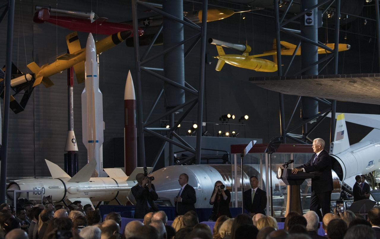 Vice President Mike Pence delivers opening remarks during the sixth meeting of the National Space Council, Tuesday, Aug. 20, 2019 at the Smithsonian National Air and Space Museum's Steven F. Udvar-Hazy Center in Chantilly, Va. Chaired by the Vice President, the council's role is to advise the President regarding national space policy and strategy, and review the nation's long-range goals for space activities. Photo Credit: (NASA/Joel Kowsky)