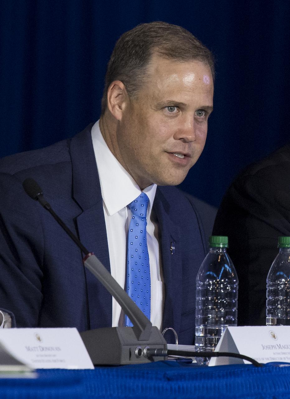 NASA Administrator Jim Bridestine is seen during the sixth meeting of the National Space Council, Tuesday, Aug. 20, 2019 at the Smithsonian National Air and Space Museum's Steven F. Udvar-Hazy Center in Chantilly, Va. Chaired by the Vice President, the council's role is to advise the President regarding national space policy and strategy, and review the nation's long-range goals for space activities. Photo Credit: (NASA/Aubrey Gemignani)