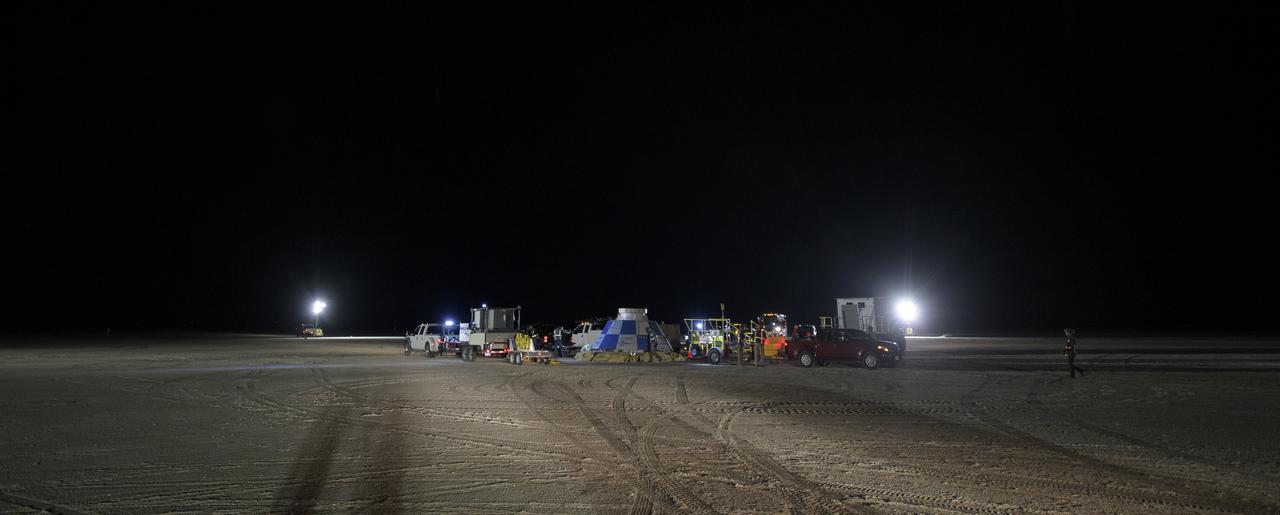 Teams from NASA, Boeing and the White Sands Missile Range, rehearse landing and crew extraction from Boeing’s CST-100 Starliner, which will be used to carry humans to the International Space Station, on Tuesday, Sept. 10, 2019 at the White Sands Missile Range outside Las Cruces, New Mexico. Using a convoy of vehicles Boeing uses to recover their spacecraft after landing and a boiler plate test article of the Starliner capsule, the teams worked through the steps necessary to safe the vehicle and get future crew members out of the Starliner to return home. NASA astronauts Mike Fincke and Nicole Mann and Boeing astronaut Chris Ferguson will fly to the space station aboard the Starliner for the Boeing Crew Flight Test mission. Photo Credit: (NASA/Bill Ingalls)