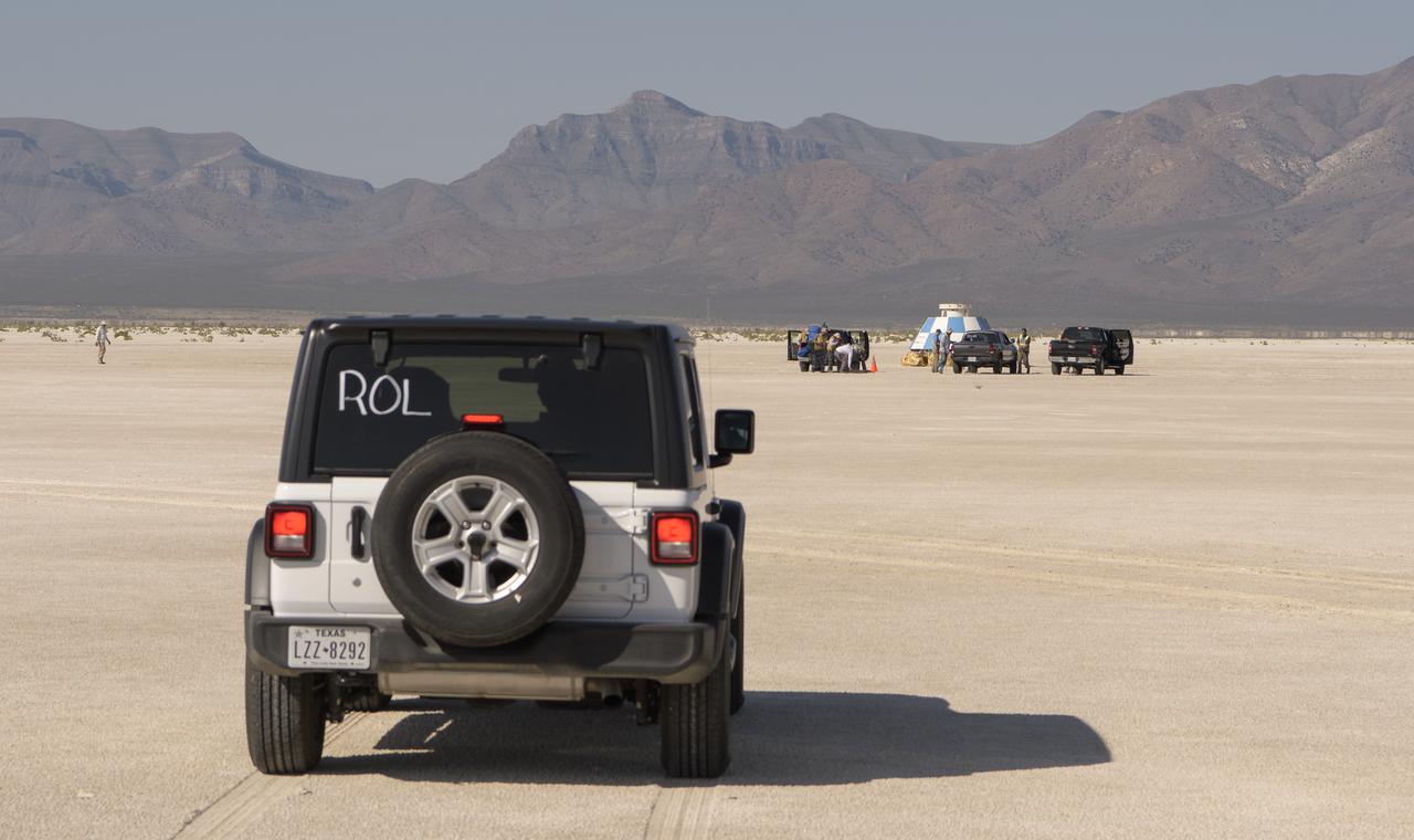 Teams from NASA, Boeing and the White Sands Missile Range, rehearse landing and crew extraction from Boeing’s CST-100 Starliner, which will be used to carry humans to the International Space Station, on Tuesday, Sept. 10, 2019 at the White Sands Missile Range outside Las Cruces, New Mexico. Using a convoy of vehicles Boeing uses to recover their spacecraft after landing and a boiler plate test article of the Starliner capsule, the teams worked through the steps necessary to safe the vehicle and get future crew members out of the Starliner to return home. NASA astronauts Mike Fincke and Nicole Mann and Boeing astronaut Chris Ferguson will fly to the space station aboard the Starliner for the Boeing Crew Flight Test mission. Photo Credit: (NASA/Bill Ingalls)