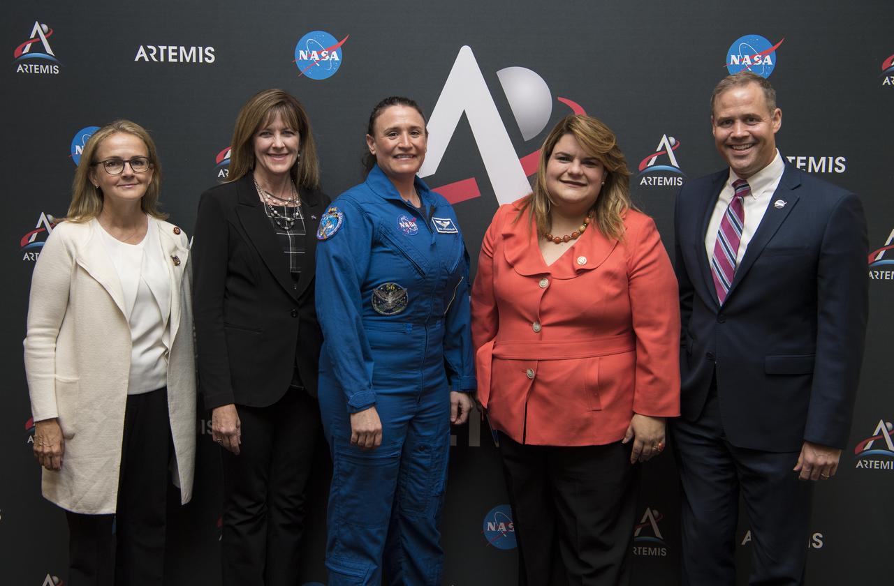 From left to right, U.S. Representative Madeleine Dean, D-Pa., former astronaut and current director of NASA’s Glenn Research Center, Dr. Janet Kavandi, NASA astronaut Serena Auñón-Chancellor, U.S. resident commissioner of Puerto Rico, Jenniffer González-Colón, R-Puerto Rico, and NASA Administrator Jim Bridenstine pose for a photo just before a bipartisan Congressional Caucus for Women’s Issues briefing on NASA’s Artemis lunar exploration program, Wednesday, September 11, 2019 at the Rayburn House Office Building in Washington. Photo Credit: (NASA/Aubrey Gemignani)