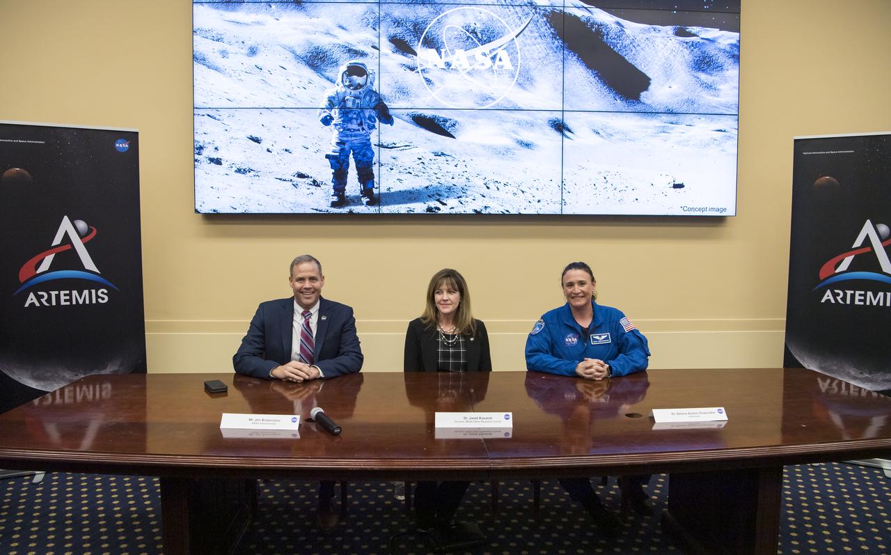 NASA Administrator Jim Bridenstine, former astronaut and current director of NASA’s Glenn Research Center, Dr. Janet Kavandi, and NASA astronaut Serena Auñón-Chancellor, are seen on a panel at a bipartisan Congressional Caucus for Women’s Issues briefing on NASA’s Artemis lunar exploration program, Wednesday, September 11, 2019 at the Rayburn House Office Building in Washington. Photo Credit: (NASA/Aubrey Gemignani)