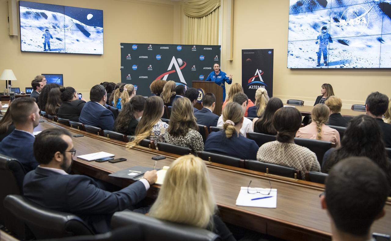 NASA astronaut Serena Auñón-Chancellor gives a brief on the current NASA astronaut corps at a bipartisan Congressional Caucus for Women’s Issues event on NASA’s Artemis lunar exploration program, Wednesday, September 11, 2019 at the Rayburn House Office Building in Washington. Photo Credit: (NASA/Aubrey Gemignani)