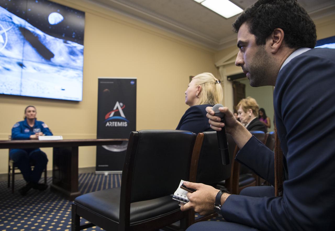 An audience member asks a question at a bipartisan Congressional Caucus for Women’s Issues briefing on NASA’s Artemis lunar exploration program, Wednesday, September 11, 2019 at the Rayburn House Office Building in Washington. Photo Credit: (NASA/Aubrey Gemignani)