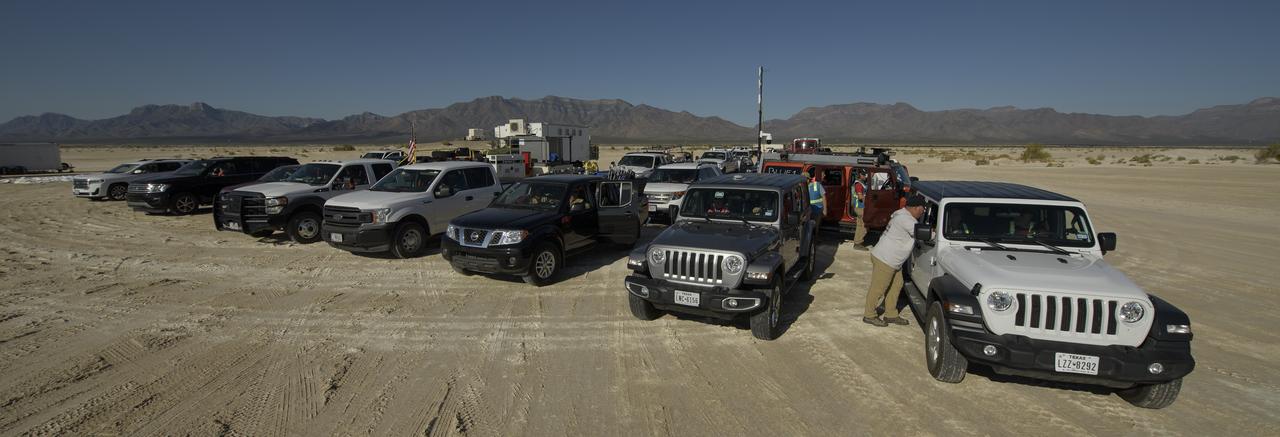 Teams from NASA, Boeing and the White Sands Missile Range, rehearse landing and crew extraction from Boeing’s CST-100 Starliner, which will be used to carry humans to the International Space Station, on Wednesday, Sept. 11, 2019 at the White Sands Missile Range outside Las Cruces, New Mexico. Using a convoy of vehicles Boeing uses to recover their spacecraft after landing and a boiler plate test article of the Starliner capsule, the teams worked through the steps necessary to safe the vehicle and get future crew members out of the Starliner to return home. NASA astronauts Mike Fincke and Nicole Mann and Boeing astronaut Chris Ferguson will fly to the space station aboard the Starliner for the Boeing Crew Flight Test mission. Photo Credit: (NASA/Bill Ingalls)