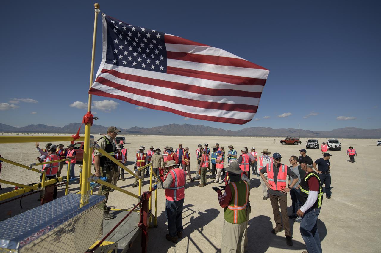 Teams from NASA, Boeing and the White Sands Missile Range, rehearse landing and crew extraction from Boeing’s CST-100 Starliner, which will be used to carry humans to the International Space Station, on Wednesday, Sept. 11, 2019 at the White Sands Missile Range outside Las Cruces, New Mexico. Using a convoy of vehicles Boeing uses to recover their spacecraft after landing and a boiler plate test article of the Starliner capsule, the teams worked through the steps necessary to safe the vehicle and get future crew members out of the Starliner to return home. NASA astronauts Mike Fincke and Nicole Mann and Boeing astronaut Chris Ferguson will fly to the space station aboard the Starliner for the Boeing Crew Flight Test mission. Photo Credit: (NASA/Bill Ingalls)