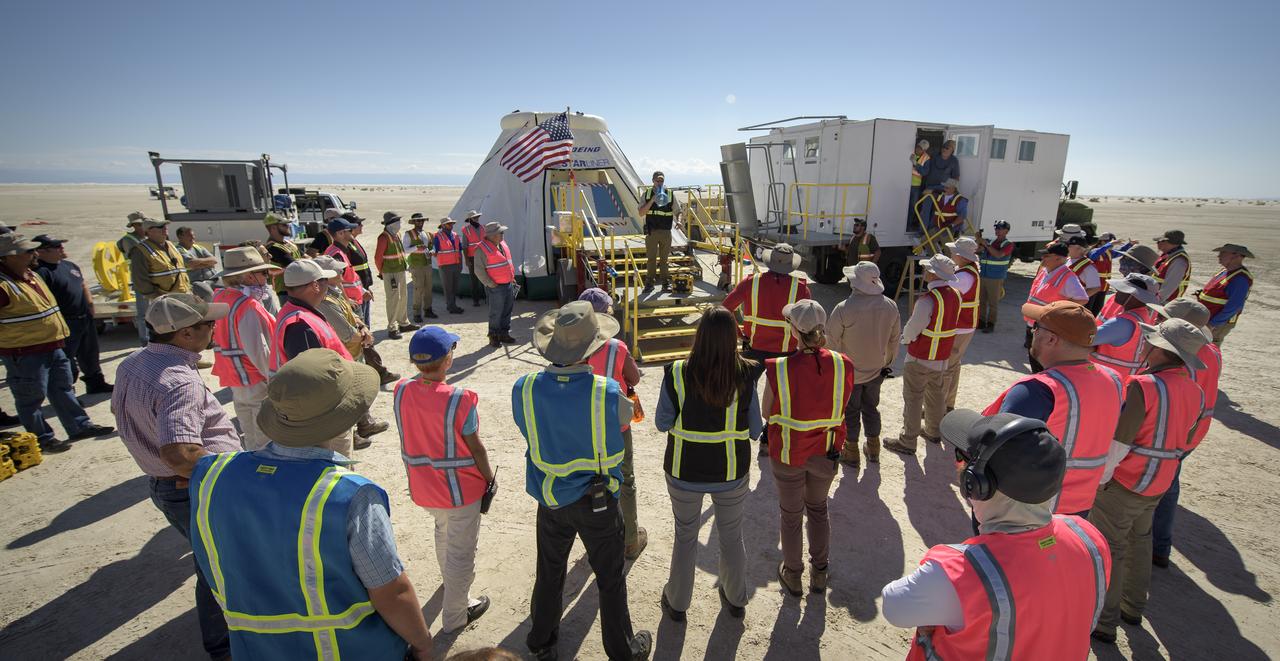 Teams from NASA, Boeing and the White Sands Missile Range, rehearse landing and crew extraction from Boeing’s CST-100 Starliner, which will be used to carry humans to the International Space Station, on Wednesday, Sept. 11, 2019 at the White Sands Missile Range outside Las Cruces, New Mexico. Using a convoy of vehicles Boeing uses to recover their spacecraft after landing and a boiler plate test article of the Starliner capsule, the teams worked through the steps necessary to safe the vehicle and get future crew members out of the Starliner to return home. NASA astronauts Mike Fincke and Nicole Mann and Boeing astronaut Chris Ferguson will fly to the space station aboard the Starliner for the Boeing Crew Flight Test mission. Photo Credit: (NASA/Bill Ingalls)