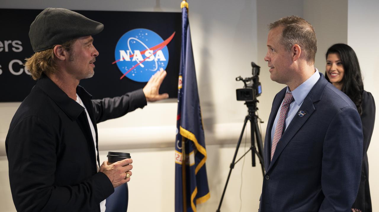 Actor Brad Pitt speaks with NASA Administrator Jim Bridenstine, Monday, Sept. 16, 2019 from the Space Operations Center at NASA Headquarters in Washington. Pitt, who stars as an astronaut in his latest film “Ad Astra,” spoke with NASA astronaut Nick Hague about what it’s like to live and work aboard the orbiting laboratory. Photo Credit: (NASA/Joel Kowsky)