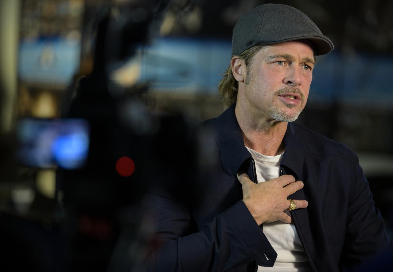Actor Brad Pitt is seen during an interview, Monday, Sept. 16, 2019 from the Space Operations Center at NASA Headquarters in Washington. Pitt, who stars as an astronaut in his latest film “Ad Astra,” spoke with NASA astronaut Nick Hague about what it’s like to live and work aboard the orbiting laboratory. Photo Credit: (NASA/Joel Kowsky)