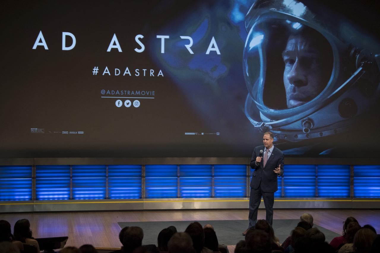 NASA Administrator Jim Bridenstine speaks before a screening of "Ad Astra" at National Geographic Society, Monday, September 16, 2019 in Washington. The film stars Tommy Lee Jones, Brad Pitt, Ruth Negga, Liv Tyler, and Donald Sutherland. Pitt stars as astronaut Roy McBride who travels deep into the solar system in hopes of solving a mystery that threatens life on Earth. Photo Credit: (NASA/Aubrey Gemignani)