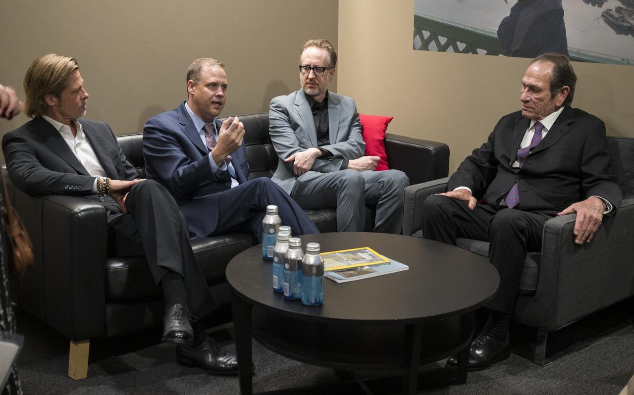 From left to right, actor Brad Pitt, NASA Administrator Jim Bridenstine, film producer, co-writer, and director James Gray, and actor Tommy Lee Jones are seen in the green room before a screening of the film "Ad Astra" at National Geographic Society, Monday, September 16, 2019 in Washington. The film stars Pitt, Jones, Ruth Negga, Liv Tyler, and Donald Sutherland. Pitt stars as astronaut Roy McBride who travels deep into the solar system in hopes of solving a mystery that threatens life on Earth. Photo Credit: (NASA/Aubrey Gemignani)