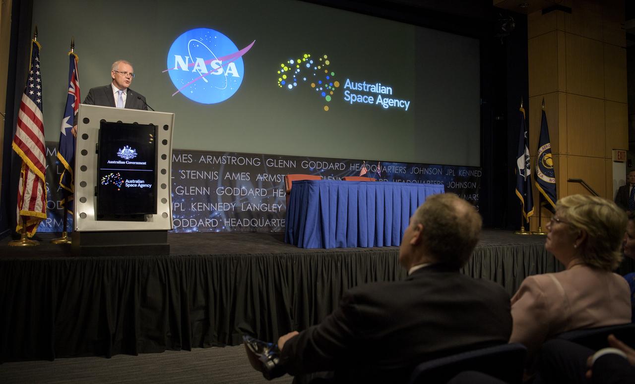 Australian Prime Minister Scott Morrison delivers remarks prior the signing of a letter of intent between NASA and the Australian Space Agency, Saturday, Sept. 21, 2019 at NASA Headquarters in Washington. NASA and the Australian Space Agency will build on over 60 years of collaboration in space exploration between the two countries and commit to expanding cooperation. Photo Credit: (NASA/Joel Kowsky)