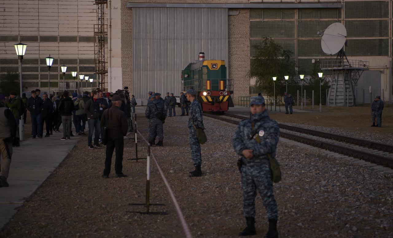 A train prepares to rollout the Soyuz rocket to the launch pad, Monday, Sept. 23, 2019 at the Baikonur Cosmodrome in Kazakhstan. Expedition 61 crewmembers Jessica Meir of NASA and Oleg Skripochka of Roscosmos, and spaceflight participant Hazzaa Ali Almansoori of the United Arab Emirates will launch September 25th on the Soyuz MS-15 spacecraft from the Baikonur Cosmodrome to the International Space Station. Photo Credit: (NASA/Bill Ingalls)