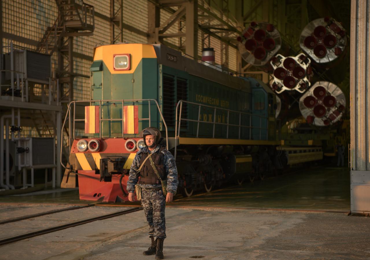 The Soyuz rocket is rolled out by train to the launch pad, Monday, Sept. 23, 2019 at the Baikonur Cosmodrome in Kazakhstan. Expedition 61 crewmembers Jessica Meir of NASA and Oleg Skripochka of Roscosmos, and spaceflight participant Hazzaa Ali Almansoori of the United Arab Emirates will launch September 25th on the Soyuz MS-15 spacecraft from the Baikonur Cosmodrome to the International Space Station. Photo Credit: (NASA/Bill Ingalls)