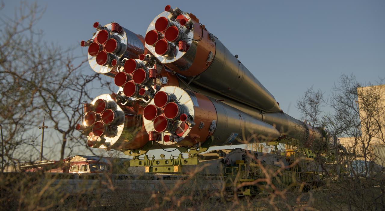The Soyuz rocket is rolled out by train to the launch pad, Monday, Sept. 23, 2019 at the Baikonur Cosmodrome in Kazakhstan. Expedition 61 crewmembers Jessica Meir of NASA and Oleg Skripochka of Roscosmos, and spaceflight participant Hazzaa Ali Almansoori of the United Arab Emirates will launch September 25th on the Soyuz MS-15 spacecraft from the Baikonur Cosmodrome to the International Space Station. Photo Credit: (NASA/Bill Ingalls)