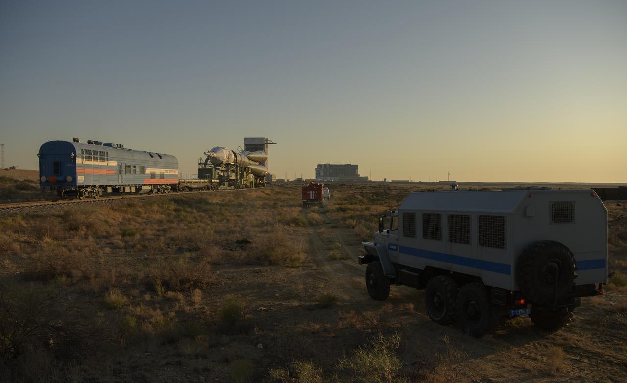 The Soyuz rocket is rolled out by train to the launch pad, Monday, Sept. 23, 2019 at the Baikonur Cosmodrome in Kazakhstan. Expedition 61 crewmembers Jessica Meir of NASA and Oleg Skripochka of Roscosmos, and spaceflight participant Hazzaa Ali Almansoori of the United Arab Emirates will launch September 25th on the Soyuz MS-15 spacecraft from the Baikonur Cosmodrome to the International Space Station. Photo Credit: (NASA/Bill Ingalls)