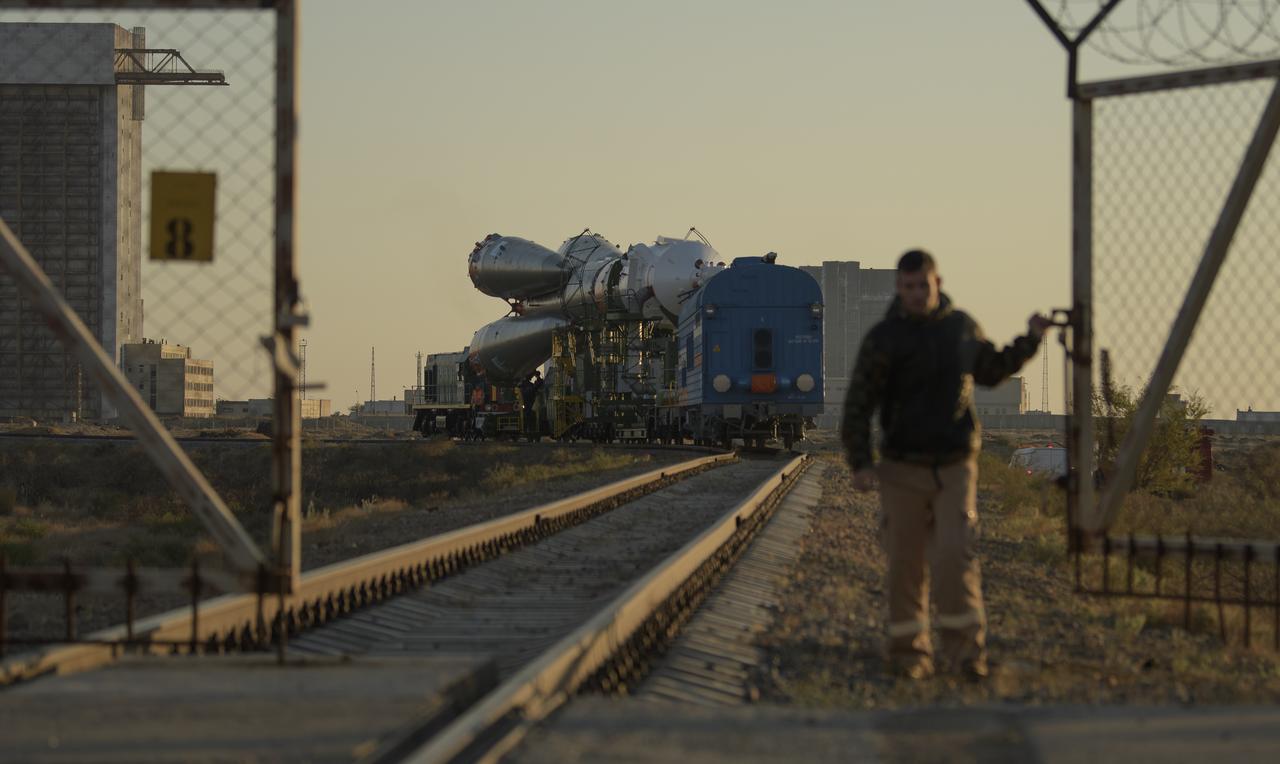 The Soyuz rocket is rolled out by train to the launch pad, Monday, Sept. 23, 2019 at the Baikonur Cosmodrome in Kazakhstan. Expedition 61 crewmembers Jessica Meir of NASA and Oleg Skripochka of Roscosmos, and spaceflight participant Hazzaa Ali Almansoori of the United Arab Emirates will launch September 25th on the Soyuz MS-15 spacecraft from the Baikonur Cosmodrome to the International Space Station. Photo Credit: (NASA/Bill Ingalls)