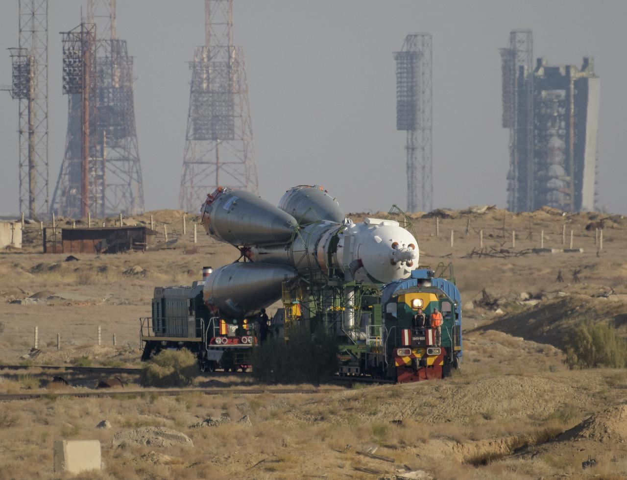 The Soyuz rocket is rolled out by train to the launch pad, Monday, Sept. 23, 2019 at the Baikonur Cosmodrome in Kazakhstan. Expedition 61 crewmembers Jessica Meir of NASA and Oleg Skripochka of Roscosmos, and spaceflight participant Hazzaa Ali Almansoori of the United Arab Emirates will launch September 25th on the Soyuz MS-15 spacecraft from the Baikonur Cosmodrome to the International Space Station. Photo Credit: (NASA/Bill Ingalls)