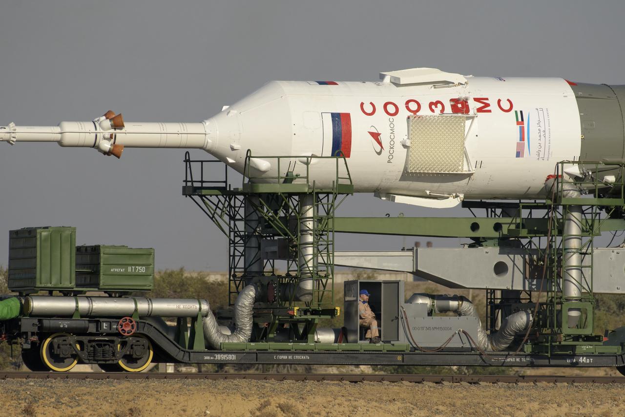 The Soyuz rocket is rolled out by train to the launch pad, Monday, Sept. 23, 2019 at the Baikonur Cosmodrome in Kazakhstan. Expedition 61 crewmembers Jessica Meir of NASA and Oleg Skripochka of Roscosmos, and spaceflight participant Hazzaa Ali Almansoori of the United Arab Emirates will launch September 25th on the Soyuz MS-15 spacecraft from the Baikonur Cosmodrome to the International Space Station. Photo Credit: (NASA/Bill Ingalls)