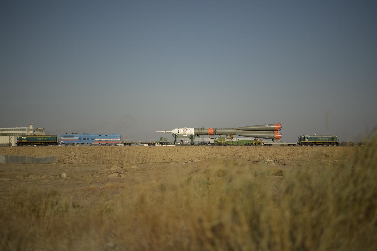 The Soyuz rocket is rolled out by train to the launch pad, Monday, Sept. 23, 2019 at the Baikonur Cosmodrome in Kazakhstan. Expedition 61 crewmembers Jessica Meir of NASA and Oleg Skripochka of Roscosmos, and spaceflight participant Hazzaa Ali Almansoori of the United Arab Emirates will launch September 25th on the Soyuz MS-15 spacecraft from the Baikonur Cosmodrome to the International Space Station. Photo Credit: (NASA/Bill Ingalls)