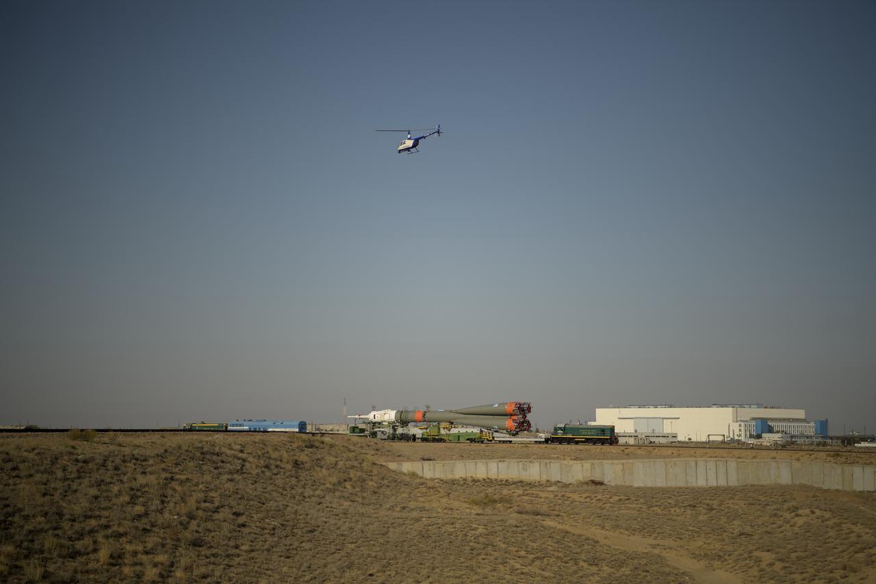 The Soyuz rocket is rolled out by train to the launch pad, Monday, Sept. 23, 2019 at the Baikonur Cosmodrome in Kazakhstan. Expedition 61 crewmembers Jessica Meir of NASA and Oleg Skripochka of Roscosmos, and spaceflight participant Hazzaa Ali Almansoori of the United Arab Emirates will launch September 25th on the Soyuz MS-15 spacecraft from the Baikonur Cosmodrome to the International Space Station. Photo Credit: (NASA/Bill Ingalls)