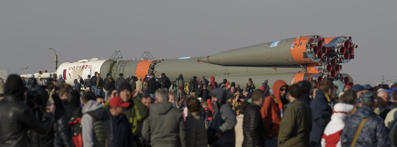The Soyuz rocket is rolled out by train to the launch pad, Monday, Sept. 23, 2019 at the Baikonur Cosmodrome in Kazakhstan. Expedition 61 crewmembers Jessica Meir of NASA and Oleg Skripochka of Roscosmos, and spaceflight participant Hazzaa Ali Almansoori of the United Arab Emirates will launch September 25th on the Soyuz MS-15 spacecraft from the Baikonur Cosmodrome to the International Space Station. Photo Credit: (NASA/Bill Ingalls)