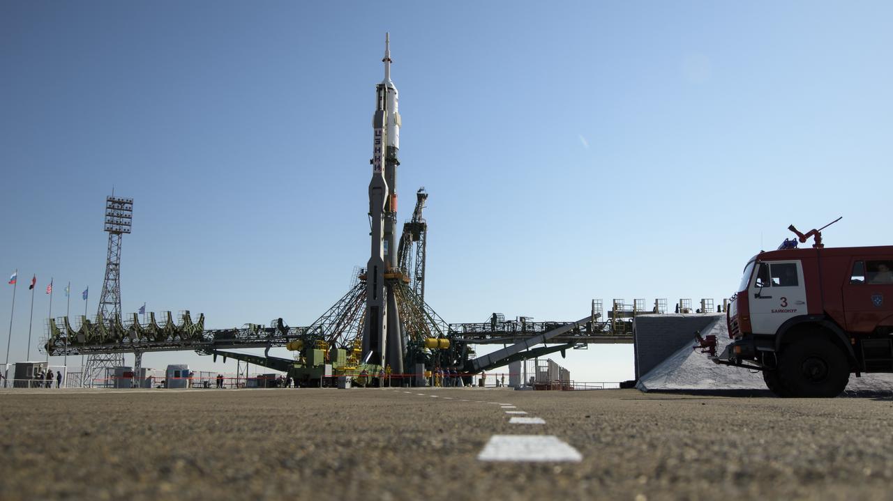 The Soyuz rocket is raised into vertical position on the launch pad, Monday, Sept. 23, 2019 at the Baikonur Cosmodrome in Kazakhstan. Expedition 61 crewmembers Jessica Meir of NASA, Oleg Skripochka of Roscosmos, and spaceflight participant Hazzaa Ali Almansoori of the United Arab Emirates will launch September 25th on the Soyuz MS-15 spacecraft from the Baikonur Cosmodrome to the International Space Station. Photo Credit: (NASA/Bill Ingalls)