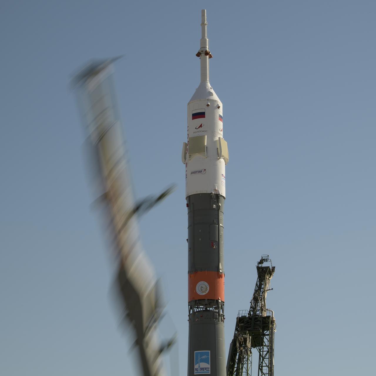 The Soyuz rocket is seen in this long expsoure photograph as it is raised into vertical position on the launch pad, Monday, Sept. 23, 2019 at the Baikonur Cosmodrome in Kazakhstan. Expedition 61 crewmembers Jessica Meir of NASA, Oleg Skripochka of Roscosmos, and spaceflight participant Hazzaa Ali Almansoori of the United Arab Emirates will launch September 25th on the Soyuz MS-15 spacecraft from the Baikonur Cosmodrome to the International Space Station. Photo Credit: (NASA/Bill Ingalls)