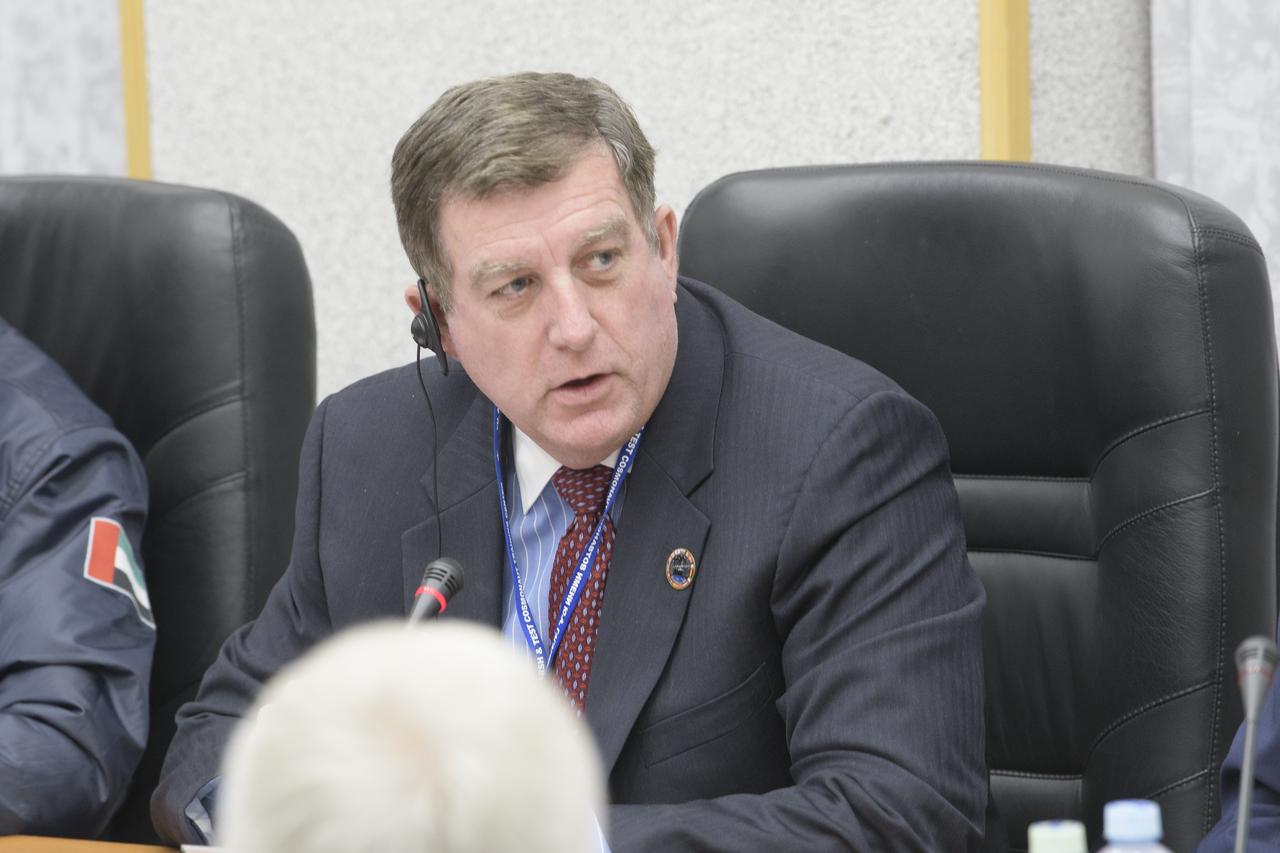 NASA ISS Program Manager Kirk Shireman gives remarks during the State Commission meeting to approve the Soyuz launch of spaceflight participant Hazzaa Ali Almansoori of the United Arab Emirates and Expedition 61 crewmembers Oleg Skripochka of Roscosmos and Jessica Meir of NASA to the International Space Station, Tuesday, Sept. 24, 2019 at the Cosmonaut Hotel in  Baikonur, Kazakhstan. The trio will launch September 25th on the Soyuz MS-15 spacecraft from the Baikonur Cosmodrome to the International Space Station. Photo Credit: (NASA/Bill Ingalls)