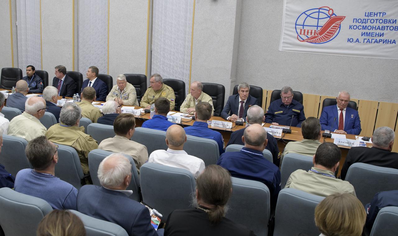 Management from Roscosmos, NASA and the United Arab Emirates participate in State Commission meeting to approve the Soyuz launch of spaceflight participant Hazzaa Ali Almansoori of the United Arab Emirates and Expedition 61 crewmembers Oleg Skripochka of Roscosmos and Jessica Meir of NASA to the International Space Station, Tuesday, Sept. 24, 2019 at the Cosmonaut Hotel in  Baikonur, Kazakhstan. The trio will launch September 25th on the Soyuz MS-15 spacecraft from the Baikonur Cosmodrome to the International Space Station. Photo Credit: (NASA/Bill Ingalls)