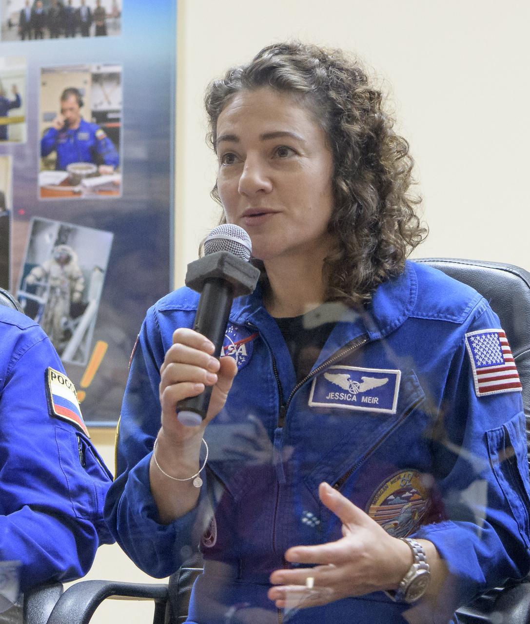 Expedition 61 astronaut Jessica Meir of NASA is seen during a press conference, Tuesday, Sept. 24, 2019 at the Cosmonaut Hotel in Baikonur, Kazakhstan. Meir, Expedition 61 cosmonaut Oleg Skripochka of Roscosmos and spaceflight participant Hazzaa Ali Almansoori of the United Arab Emirates will launch September 25th on the Soyuz MS-15 spacecraft from the Baikonur Cosmodrome to the International Space Station. Photo Credit: (NASA/Bill Ingalls)