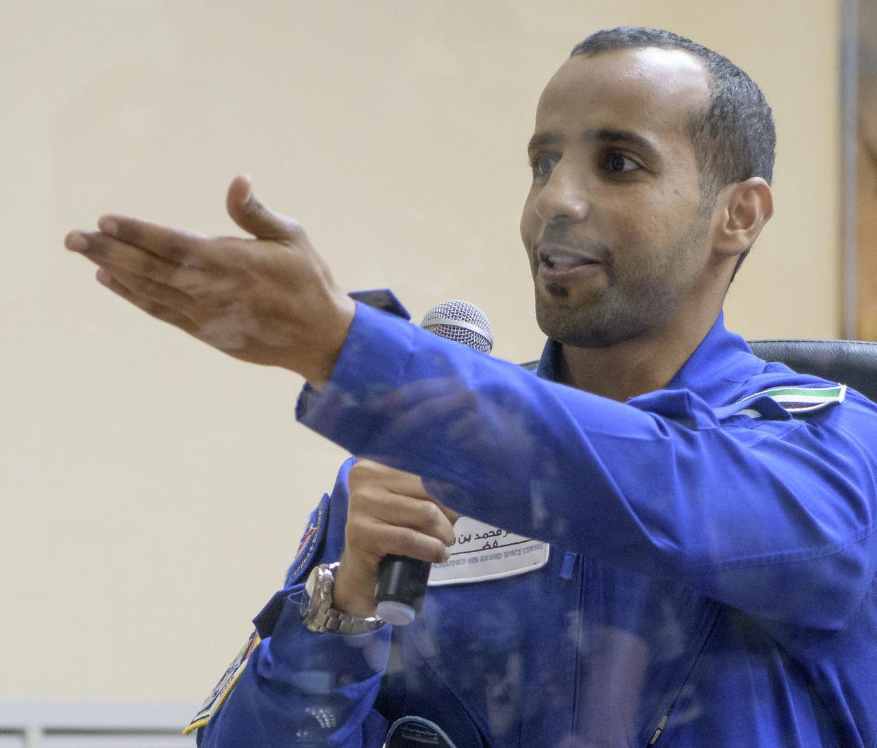 Spaceflight participant Hazzaa Ali Almansoori of the United Arab Emirates is seen during a press conference, Tuesday, Sept. 24, 2019 at the Cosmonaut Hotel in Baikonur, Kazakhstan. Almansoori, Expedition 61 cosmonaut Oleg Skripochka of Roscosmos and Jessica Meir of NASA will launch September 25th on the Soyuz MS-15 spacecraft from the Baikonur Cosmodrome to the International Space Station. Photo Credit: (NASA/Bill Ingalls)