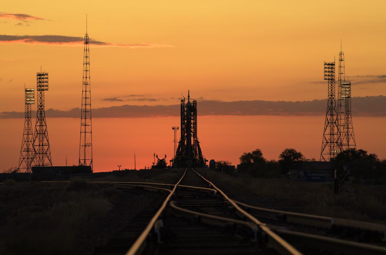 The Soyuz MS-15 spacecraft is seen in the early morning hours ahead of the scheduled launch with Expedition 61 crewmembers Jessica Meir of NASA and Oleg Skripochka of Roscosmos, and spaceflight participant Hazzaa Ali Almansoori of the United Arab Emirates  Wednesday, Sept. 25, 2019 from the Baikonur Cosmodrome in Kazakhstan. Photo Credit: (NASA/Bill Ingalls)