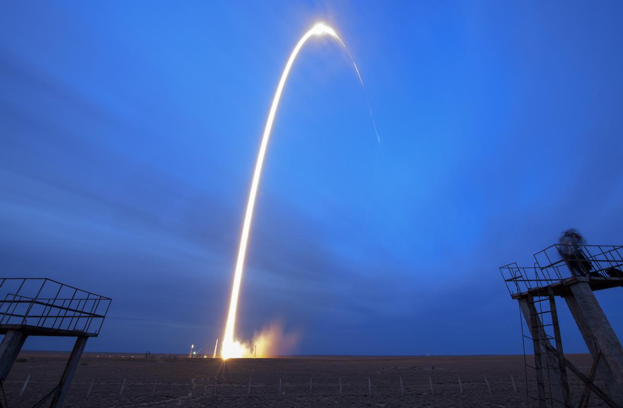 The Soyuz MS-15 spacecraft is seen in this long exposure photograph as it launches with Expedition 61 crewmembers Jessica Meir of NASA and Oleg Skripochka of Roscosmos, and spaceflight participant Hazzaa Ali Almansoori of the United Arab Emirates Wednesday, Sept. 25, 2019 from the Baikonur Cosmodrome in Kazakhstan. Photo Credit: (NASA/Bill Ingalls)