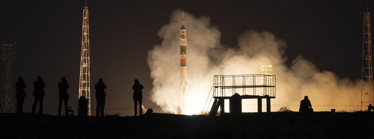 The Soyuz MS-15 spacecraft is launched with Expedition 61 crewmembers Jessica Meir of NASA and Oleg Skripochka of Roscosmos, and spaceflight participant Hazzaa Ali Almansoori of the United Arab Emirates, Wednesday, Sept. 25, 2019 from the Baikonur Cosmodrome in Kazakhstan. Photo Credit: (NASA/Bill Ingalls)