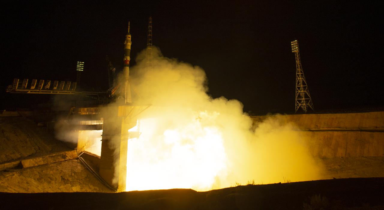 The Soyuz MS-15 spacecraft is launched with Expedition 61 crewmembers Jessica Meir of NASA and Oleg Skripochka of Roscosmos, and spaceflight participant Hazzaa Ali Almansoori of the United Arab Emirates, Wednesday, Sept. 25, 2019 from the Baikonur Cosmodrome in Kazakhstan. Photo Credit: (NASA/Bill Ingalls)