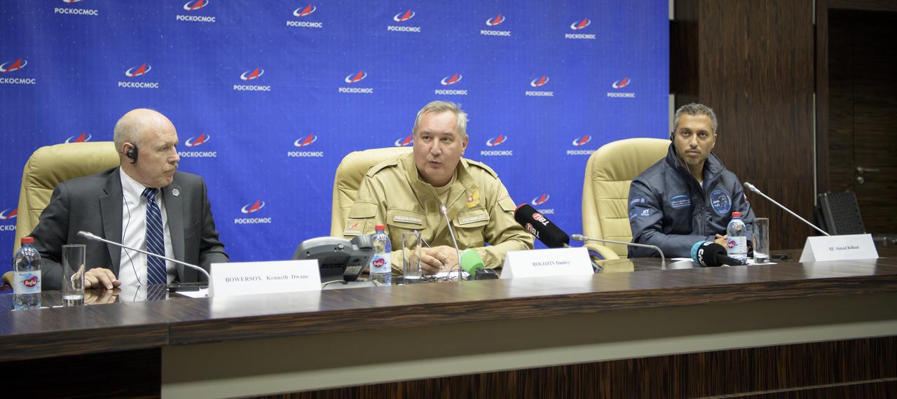 NASA acting Associate Administrator for Human Exploration and Operations Mission Directorate Kenneth Bowersox, left, Roscosmos Director General Dmitry Rogozin, center, and UAE Space Agency Chairman Ahmad Belhoul give remarks during a post launch press conference, Thursday, Sept. 26, 2019 at the Baikonur Hotel Hotel in Baikonur, Kazakhstan. A few hours earlier the Soyuz MS-15 spacecraft successfully launched from the Baikonur Cosmodrome with Expedition 61 crewmembers Jessica Meir of NASA and Oleg Skripochka of Roscosmos, and spaceflight participant Hazzaa Ali Almansoori of the United Arab Emirates. Photo Credit: (NASA/Bill Ingalls)