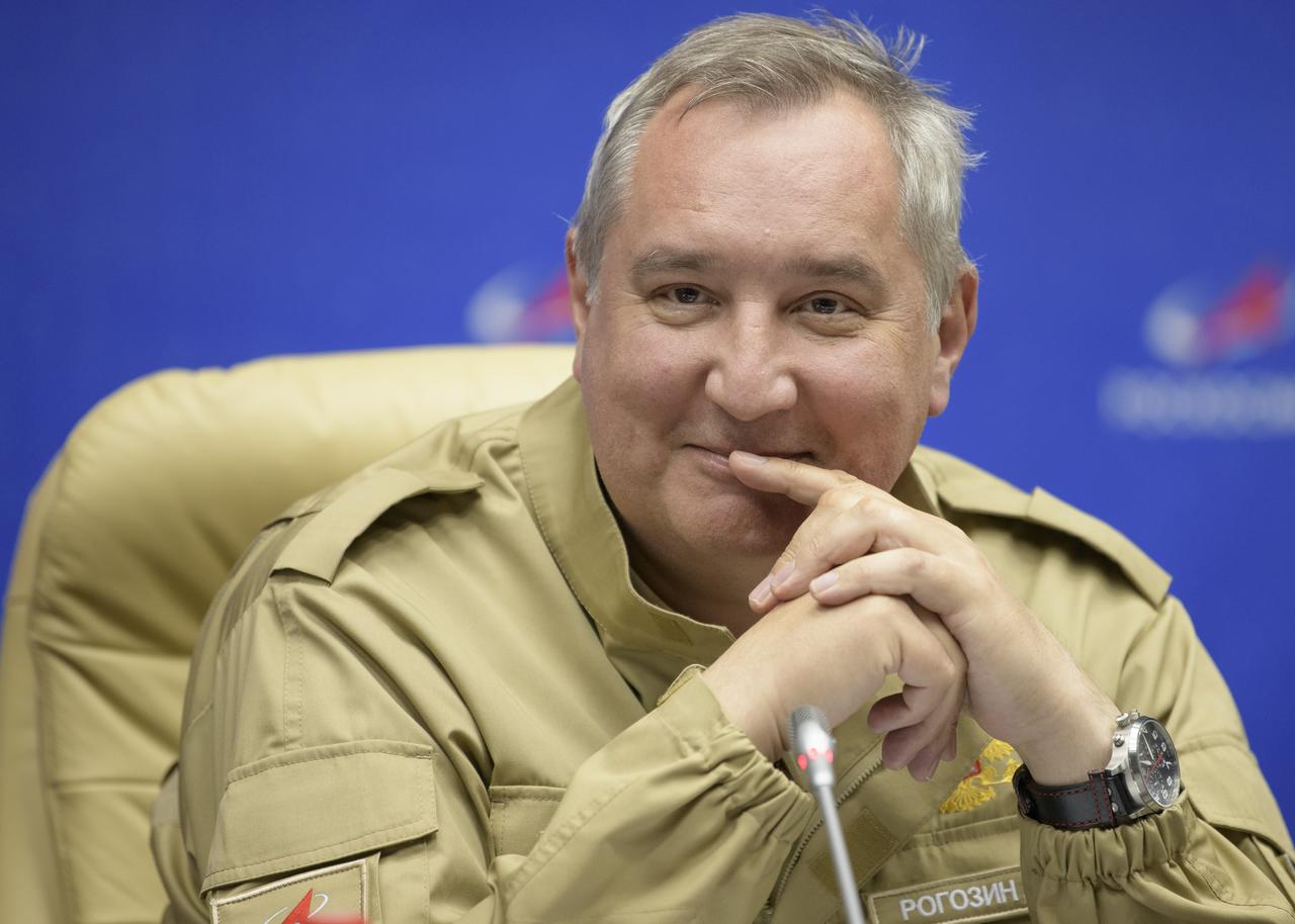 Roscosmos Director General Dmitry Rogozin gives remarks during a post launch press conference, Thursday, Sept. 26, 2019 at the Baikonur Hotel Hotel in Baikonur, Kazakhstan. A few hours earlier the Soyuz MS-15 spacecraft successfully launched from the Baikonur Cosmodrome with Expedition 61 crewmembers Jessica Meir of NASA and Oleg Skripochka of Roscosmos, and spaceflight participant Hazzaa Ali Almansoori of the United Arab Emirates. Photo Credit: (NASA/Bill Ingalls)