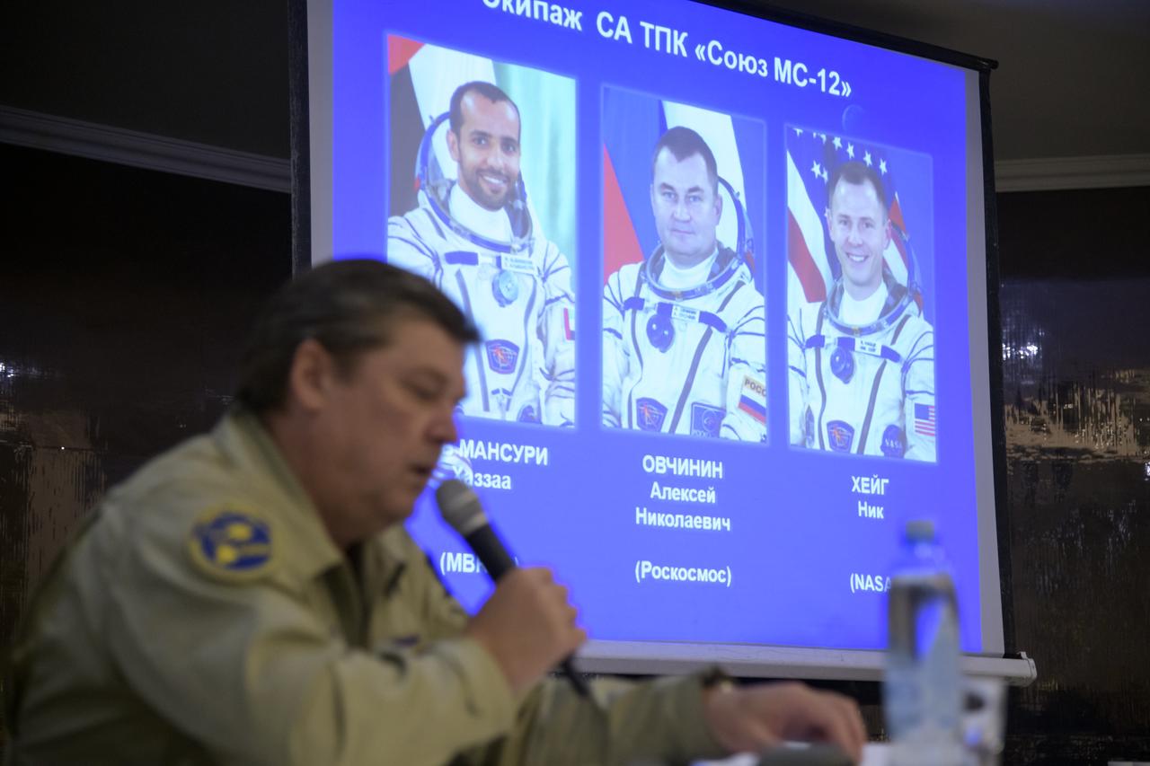 Deputy Director of Rosaviatsiya (Russian Federal Agency for Air Transport) Alexander Vedernikov runs a meeting with NASA, Roscosmos, and Russian Search and Recovery Forces at the Cosmonaut Hotel in Karaganda, Kazakhstan to discuss the readiness for the landing of Expedition 60 crew members Nick Hague of NASA and Alexey Ovchinin of Roscosmos, along with visiting astronaut Hazzaa Ali Almansoori of the United Arab Emirates, Tuesday, Oct. 1, 2019. Hague and Ovchinin are returning after 203 days in space where they served as members of the Expedition 59 and 60 crews onboard the International Space Station. Almansoori will have logged 8 days in space during his first flight as an astronaut. Photo Credit: (NASA/Bill Ingalls)