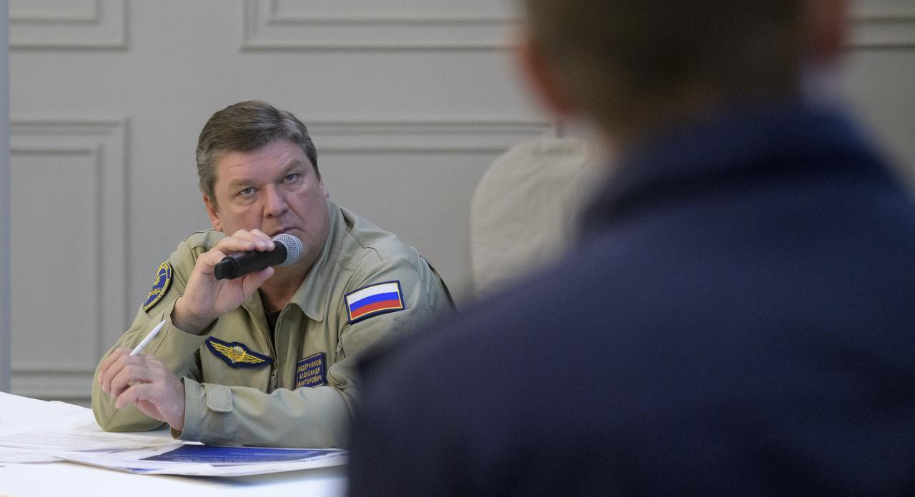 Deputy Director of Rosaviatsiya (Russian Federal Agency for Air Transport) Alexander Vedernikov runs a meeting with NASA, Roscosmos, and Russian Search and Recovery Forces at the Cosmonaut Hotel in Karaganda, Kazakhstan to discuss the readiness for the landing of Expedition 60 crew members Nick Hague of NASA and Alexey Ovchinin of Roscosmos, along with visiting astronaut Hazzaa Ali Almansoori of the United Arab Emirates, Tuesday, Oct. 1, 2019. Hague and Ovchinin are returning after 203 days in space where they served as members of the Expedition 59 and 60 crews onboard the International Space Station. Almansoori will have logged 8 days in space during his first flight as an astronaut. Photo Credit: (NASA/Bill Ingalls)