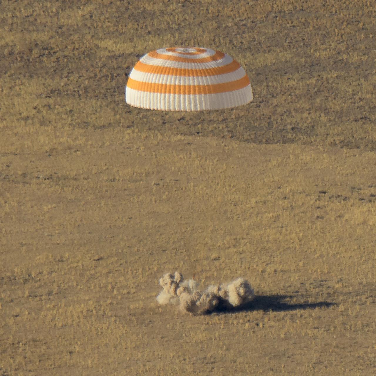 The Soyuz MS-12 spacecraft is seen as it lands in a remote area near the town of Zhezkazgan, Kazakhstan with Expedition 60 crew members Nick Hague of NASA and Alexey Ovchinin of Roscosmos, along with visiting astronaut Hazzaa Ali Almansoori of the United Arab Emirates, Thursday, Oct. 3, 2019. Hague and Ovchinin are returning after 203 days in space where they served as members of the Expedition 59 and 60 crews onboard the International Space Station. Almansoori logged 8 days in space during his first flight as an astronaut. Photo Credit: (NASA/Bill Ingalls)