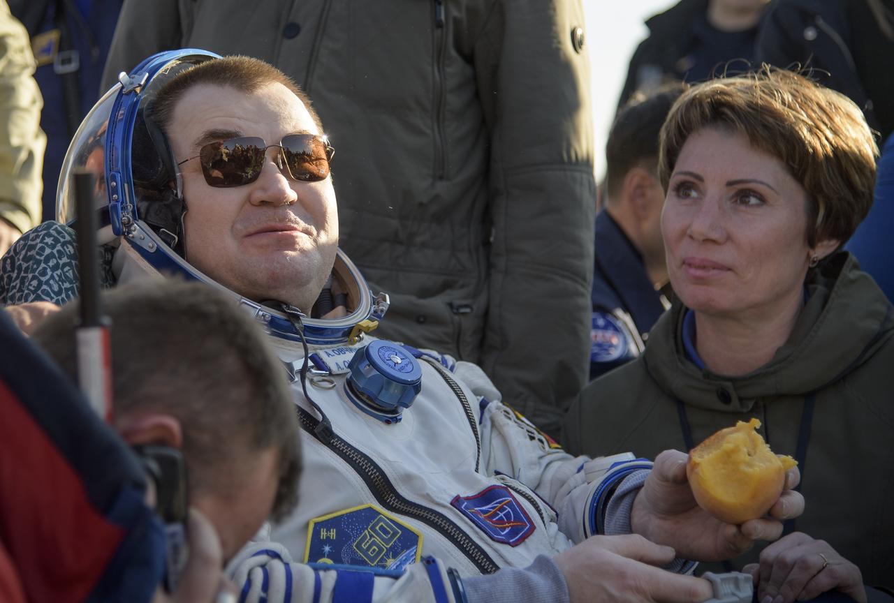 Expedition 60 crewmember Alexey Ovchinin of Roscosmos is seen outside the Soyuz MS-12 spacecraft after he landed with fellow Expedition 60 crewmember Nick Hague of NASA and visiting astronaut Hazzaa Ali Almansoori of the United Arab Emirates in a remote area near the town of Zhezkazgan, Kazakhstan on Thursday, Oct. 3, 2019. Hague and Ovchinin are returning after 203 days in space where they served as members of the Expedition 59 and 60 crews onboard the International Space Station. Almansoori logged 8 days in space during his first flight as an astronaut. Photo Credit: (NASA/Bill Ingalls)