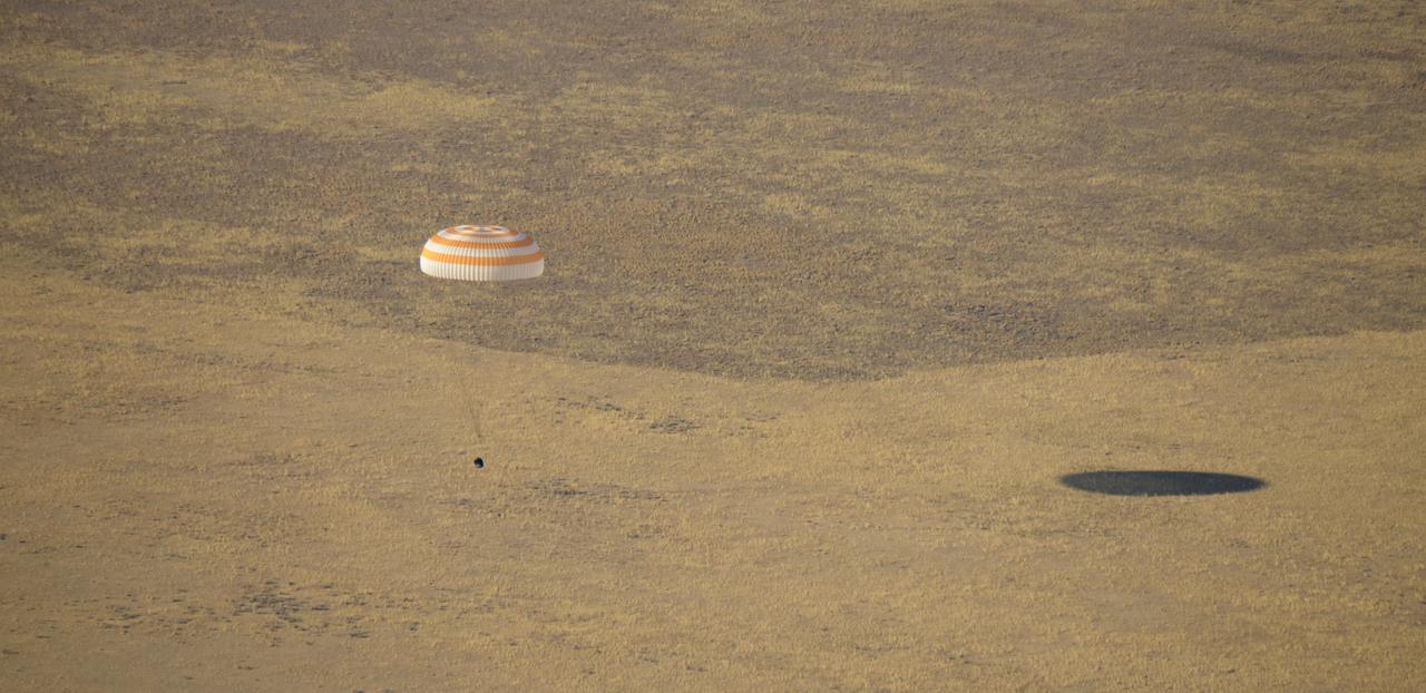 The Soyuz MS-12 spacecraft is seen as it lands in a remote area near the town of Zhezkazgan, Kazakhstan with Expedition 60 crew members Nick Hague of NASA and Alexey Ovchinin of Roscosmos, along with visiting astronaut Hazzaa Ali Almansoori of the United Arab Emirates, Thursday, Oct. 3, 2019. Hague and Ovchinin are returning after 203 days in space where they served as members of the Expedition 59 and 60 crews onboard the International Space Station. Almansoori logged 8 days in space during his first flight as an astronaut. Photo Credit: (NASA/Bill Ingalls)