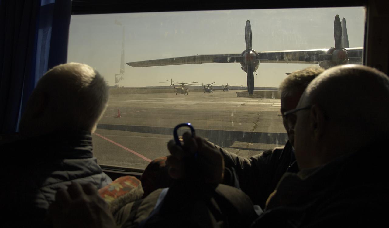 Russian Search and Rescue helicopters depart the Karaganda Airport for Zhezkazgan, Kazakhstan in support of the landing of the Soyuz MS-12 spacecraft with Expedition 60 crew members Nick Hague of NASA and Alexey Ovchinin of Roscosmos, along with visiting astronaut Hazzaa Ali Almansoori of the United Arab Emirates, Thursday, Oct. 3, 2019. Hague and Ovchinin are returning after 203 days in space where they served as members of the Expedition 59 and 60 crews onboard the International Space Station. Almansoori logged 8 days in space during his first flight as an astronaut. Photo Credit: (NASA/Bill Ingalls)
