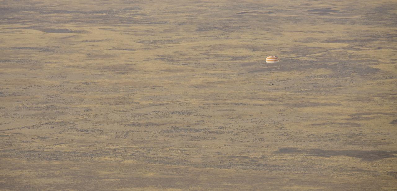 The Soyuz MS-12 spacecraft is seen as it lands in a remote area near the town of Zhezkazgan, Kazakhstan with Expedition 60 crew members Nick Hague of NASA and Alexey Ovchinin of Roscosmos, along with visiting astronaut Hazzaa Ali Almansoori of the United Arab Emirates, Thursday, Oct. 3, 2019. Hague and Ovchinin are returning after 203 days in space where they served as members of the Expedition 59 and 60 crews onboard the International Space Station. Almansoori logged 8 days in space during his first flight as an astronaut. Photo Credit: (NASA/Bill Ingalls)